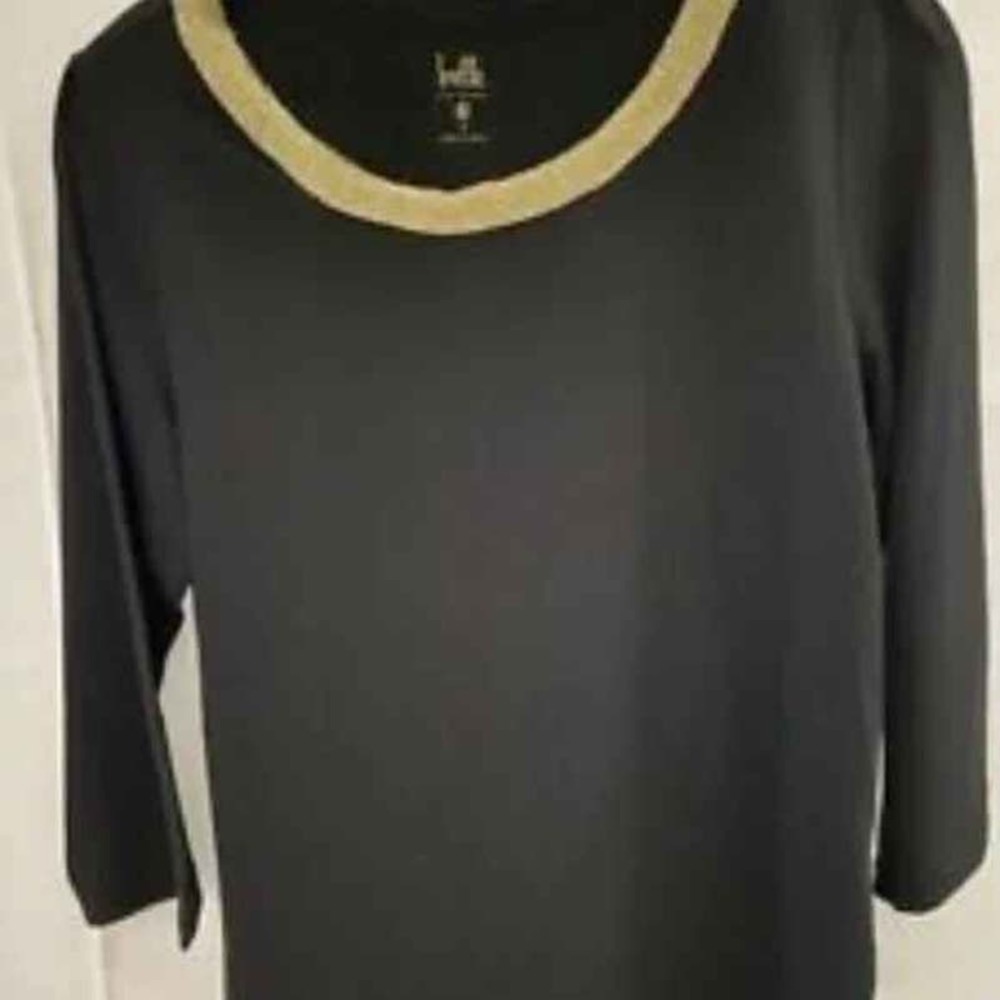 Belle By Kim Gravel Women's Top Size Small Black Gold Mesh Trim 3/4 Sleeves